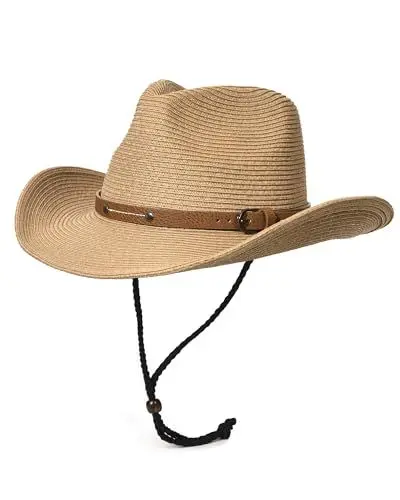 Produktbild: FURTALK Unisex Cowboyhut Breite Krempe Strandhut UV-Schutz Sonnenhut für Damen und Herren Sommerhut Westernhut Verstellbare Strohhut