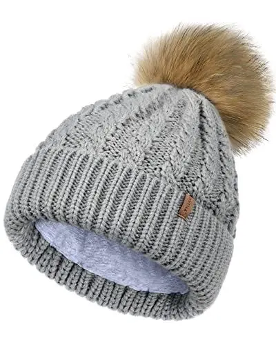 Produktbild: FURTALK Winter Beanie Mütze Damen Bommelmütze Gefüttert Kunstpelz Pom Pom Hüte Frauen Warm Stricken Schädeldecke