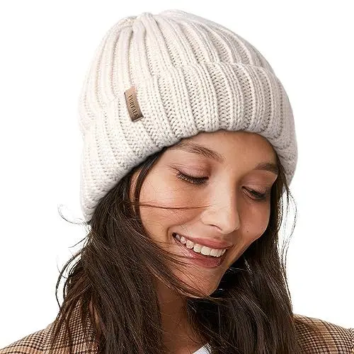 Produktbild: FURTALK Womens Knit Beanie Hüte Double Layer Baumwolle gefüttert Chunky Winter Slouch Style Cap, Beige, Einheitsgröße