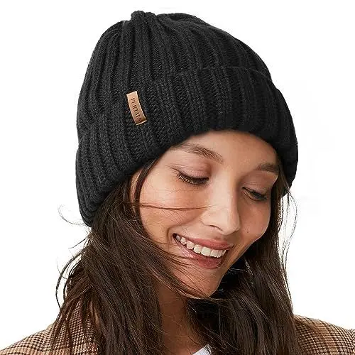 Produktbild: FURTALK Womens Knit Beanie Hüte Double Layer Baumwolle gefüttert Chunky Winter Slouch Style Cap, Schwarz, Einheitsgröße