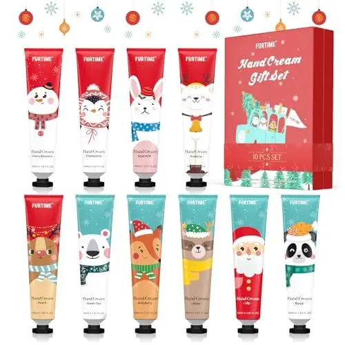 Produktbild: FURTIME Handcreme Mini Set, 10 Pack Handcreme Mini Weihnachten für Sehr Trockene Hände, Weihnachtsgeschenke, Kleine Geschenkset für Frauen und Männer, Hände Fuß Feuchtigkeitscreme
