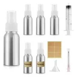 Produktbild: Furuising 5 Stück 30ml Aluminium Sprühflasche Klein, Sprayflasche Leer, Mini Zerstäuber Sprühflasche,Tragbares Pumpzerstäuber mit 20ml Spritze, Trichter, Aufkleber für Kosmetik,Flüssigkeit