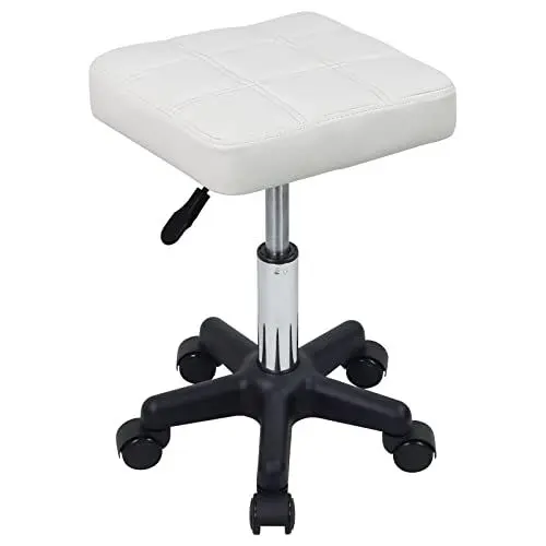 Produktbild: FURWOO Quadratischer Drehhocker mit Rädern PU Leahter Rollhocker Höhenverstellbarer Hocker für Spa Salon Massage Weiß