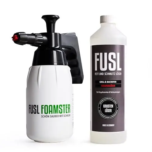 Produktbild: FUSL Grillreiniger Set – FOAMSTER Schaumkanone + 1L Krustenlöser – Extra starker Grillreiniger für Gasgrill, Smoker & Grillrost – Biologisch Abbaubar & Effektiv – Made in Germany