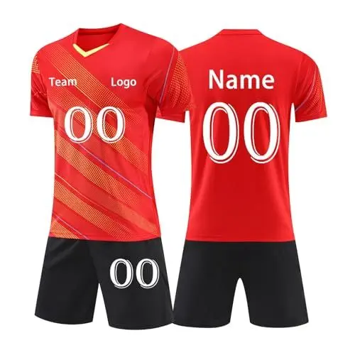 Produktbild: Fußball Trikot Kinder Personalisiert Fussball Trikot Set Individuelle Namen Nummer Logo Torwarttrikot Herren Selbst Gestalten Fußballtrikot Jungen Sport Shirt Teenager Rot 135-145