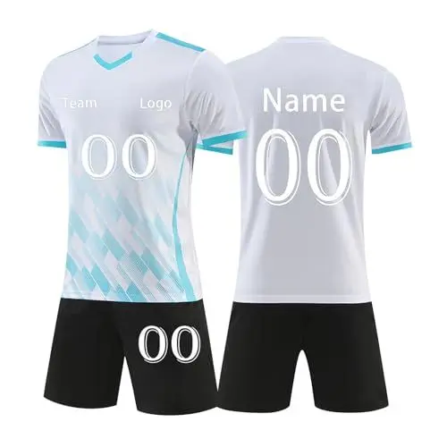 Produktbild: Fußball Trikot Kinder Personalisiert Fussball Trikot Set Individuelle Namen Nummer Logo Torwarttrikot Herren Selbst Gestalten Fußballtrikot Jungen Sport Shirt Teenager Weiß 120-135