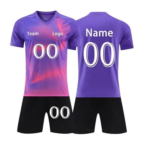 Produktbild: Fußball Trikot Kinder Personalisiert mit Namen Nummer Team Logo, Atmungsaktiv Fussballtrikot Selbst Gestalten Football Sportshirt Set Herren Jungen Custom Tshirts & Shorts 07,Lila