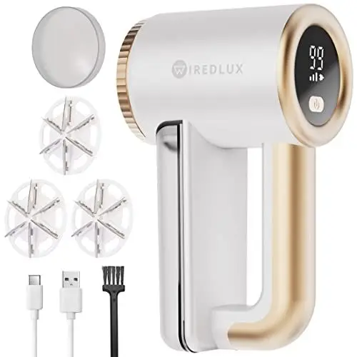 Produktbild: Fusselrasierer Elektrisch WiredLux - Wiederaufladbarer Fusselentferner für Kleidung & Möbel - Einstellbare 3-Fach Geschwindigkeit, 6-blättrige Klinge, LED-Anzeige, USB-Aufladung (Weiß)