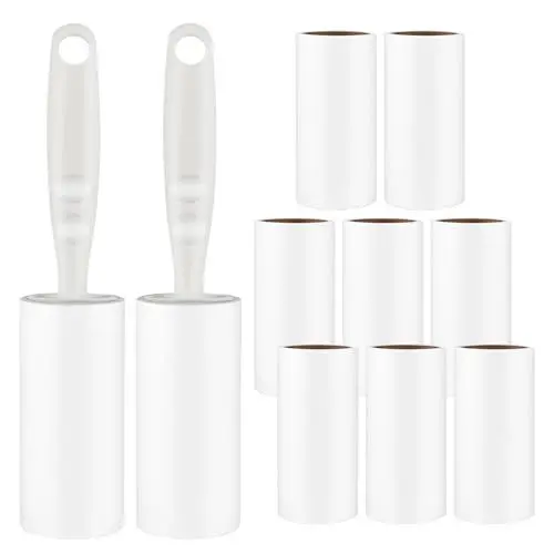 Produktbild: Fusselrolle 10 Rollen (je 60 Blatt) mit 2 Abroller, Fusselrolle Tierhaare Extra Klebrige, Lint Roller für Kleidung, Sofa, Bett, Katzenhaare, Hundehaare und Teppich, Fusselroller Tierhaarentferner