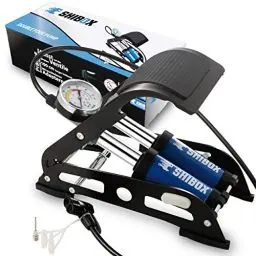Produktbild: Fußpumpe Fahrrad alle Ventile I Fußluftpumpe mit Manometer und extra langem Schlauch (100 cm) I Fusspumpe Auto Fahrrad I Luftpumpe Fahrrad alle Ventile auch Auto -Ball -Motorrad