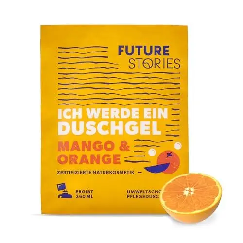 Produktbild: Future Stories Duschgel Pulver - Bio-Kakaobutter und Aloe Vera, vegan, 1 Sachet (1x 20 g) ergibt 260 ml, Duft Mango Orange