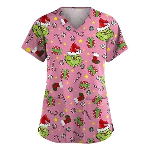 Produktbild: FUXINGHUAYA Kasack Damen Black Friday Angebote 2024 Weihnachten Kasack V-Neck Kurzarm Krankenpfleger Kleidung Weihnachts Berufskleidung Atmungsaktiv Schlupfkasacks Uniform Mit Taschen
