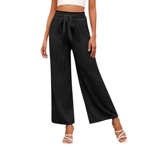 Produktbild: FUXINGHUAYA Viskose-Hose Für Damen Damen Weite Hose Mit Weitem Bein Leicht Hohem Bund Und Kordelzug, Elegante Sommerhose Für Freizeit Und Büro Schwarz XL
