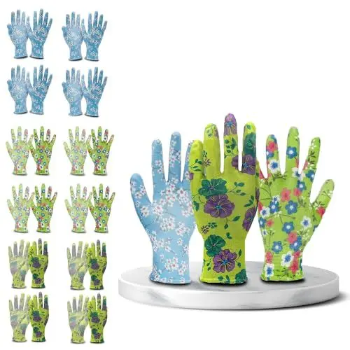 Produktbild: FUZZIO 12 Paar Arbeitshandschuhe Damen, Gartenhandschuhe Damen Gr 6, Kinder Arbeitshandschuhe - Für Haus, Garten - Blumen Design, Für Hof, Reinigung, DIY-Projekte mit Handschuhclip