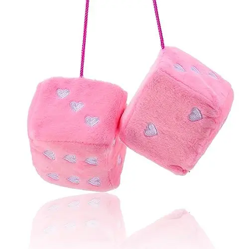 Produktbild: Fuzzy Würfel für Rückspiegel Rosa Fuzzy Retro Würfel Für Autospiegel Paar 2.75 Zoll Plüsch für Rückspiegel mit Herzform für Auto Innenraum hängende Ornament Zubehör