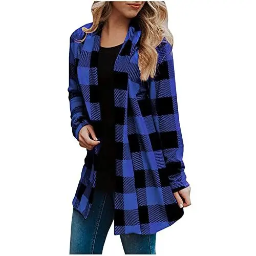 Produktbild: FWbfde Kariertes Hemd Damen Karierte Bluse Langarm Holzfällerhemd Damen V-Ausschnitt Karohemd Damen Hemdbluse Casual Longbluse Knopfleiste Flanellhemd Damen Plaid Tunika Tops(A1-Blau,L)