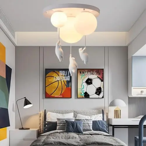 Produktbild: FWX Kronleuchter E27 Harz Bär Kinderzimmerlampe Moderne kreative Metalldeckenbeleuchtung Weißer Glasschirm Deckenlampe Schlafzimmer Wohnzimmer Bürolampe Babyzimmer Rund 3 Lichter