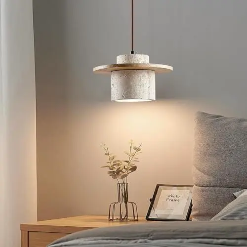 Produktbild: FWX Pendelleuchte aus natürlichem Marmor 1-flammige Nachttisch Hängelampe Mid Century Retro Kücheninsel nordisches Bauernhausdesign E27 Holzkronleuchter für Esszimmer Nachttisch Café Restaurant(1 ligh