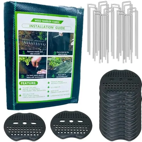 Produktbild: Fycooler 20m² Unkrautvlies Gartenvlies gegen Unkraut – Unkrautfolie Wasserdurchlässig – Reißfestes Unkrautflies 90g/m² – Hohe UV-Stabilisierung (10mx2m-Gefaltet)-mit 15 Erdanker & 15 Pufferscheibe