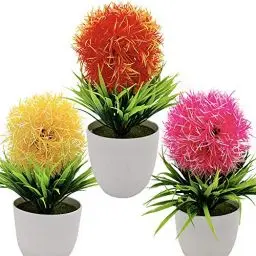 Produktbild: Fycooler Blumen Bonsai Kunstpflanze Orange Gelb Rosa - Künstlichen grünen Gras Pflanzen in Töpfen, kleine dekorative Faux Plastik Pflanzen,Ideal für Heim Büro Bad Küche und Outdoor Deko - 3 Packungen