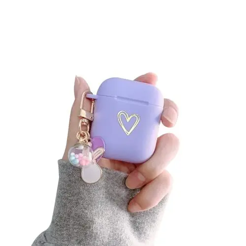 Produktbild: Fycyko Kompatibel mit AirPods 2 & 1, Herz Muster mit Niedlicher Glücksball Airpods Case mit Schlüsselanhänger Stoßfeste AirPods Schutzhülle für Mädchen Frau für Airpods 2 & 1-Violett