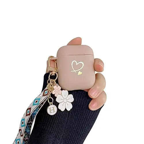 Produktbild: Fycyko Kompatibel mit AirPods Hülle, Airpods 2 hülle und Airpods 1 Case Golden Herz Muster Cover mit Schlüsselanhänger Stoßfeste Schutzhülle für Mädchen Frau-Braun