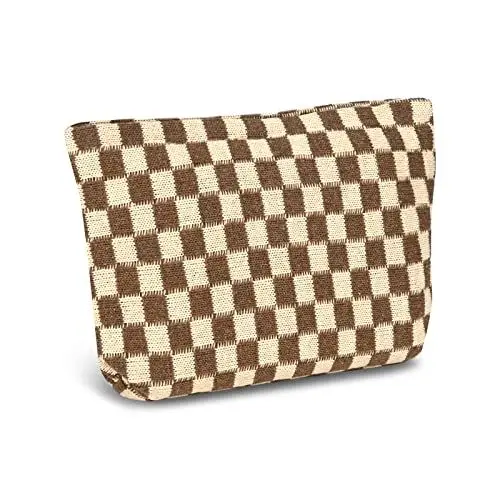 Produktbild: Fycyko Reise Kosmetiktasche,Tragbare Reise Make Up Tasche, Multifunktionale Kulturtasche aus Wolle, Karierte Kulturbeutel Waschtasche Organizer für Damen und Frauen - Khaki