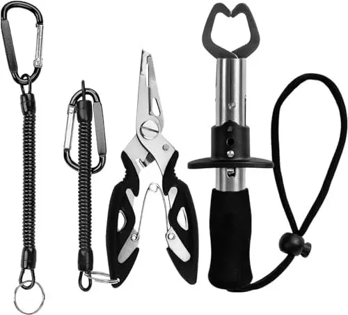 Produktbild: Fyfjur Angelzange und Fischgriff-Werkzeuge Set, Multifunktionale Edelstahl Sprengringzange Angeln mit 2 Sicherheitsseil, Angelhakenentferner, Fischereizange Angelzubehör, Angelgeschenke für Männer