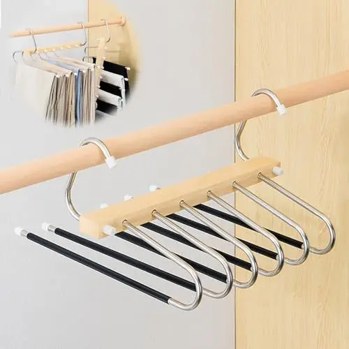Produktbild: Fyfjur Hosenbügel Klemmbügel Holz, 6 In 1 Edelstahl Faltbare Hosenbügel Platzsparend, rutschfest Multifunction Hosen Kleiderbügel, Kleiderschrank Organizer für Hosen, Jeans, Handtücher, Schals