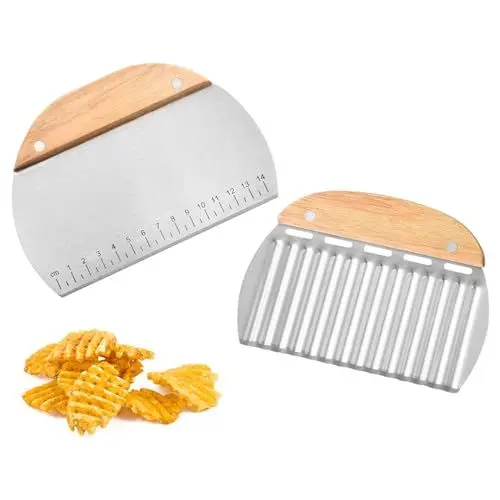 Produktbild: Fyfjur Teigschaber Edelstahl und Wellenschneider mit Holzgriff, Teigkarte, Teigschneider, Riffelmesser Edelstahl, Wellenmesser für Gemüse, Buntmesser, Teigspachtel für Schneiden, Kartoffeln