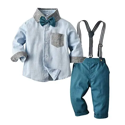Produktbild: FYMNSI Baby Jungen Smoking Outfit Taufanzug Formal Hochzeit Bekleidungsset Gentleman Festliche Anzug Kleid Fliege Langarm Hemd Shirt Top Hosenträger Hose 3tlg Set Herbst Kleidung Blau 3-4 Jahre