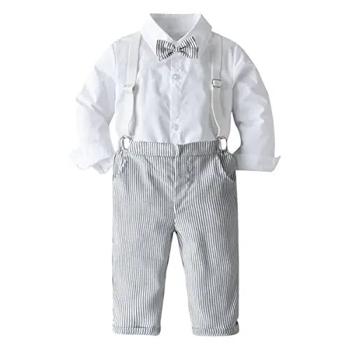 Produktbild: FYMNSI Baby Jungen Smoking Outfit Taufanzug Formal Hochzeit Bekleidungsset Gentleman Festliche Anzug Kleid Fliege Langarm Hemd Shirt Top Hosenträger Hose Set Herbst Kleidung Weiß + Grau 6-7 Jahre