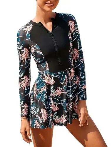 Produktbild: FYMNSI Badekleid Damen Einteilige Bauchweg Badeanzug Rash Guard Langarm Schwimmkleid Rei�Verschluss UV Schutz Bademode Badeanzugkleid Surfanzug Sport Schwimmanzug Baderock Tankini Blau M