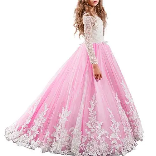Produktbild: FYMNSI Blumenmädchen Kleid Kinder Erstkommunion Langes Abendkleid Mädchen Langarm Spitze Prinzessin Tütü Tüllkleid Hochzeit Brautjunger Maxikleid Partykleid Festzug Festlich Ballkleid Rosa Lila 6-7
