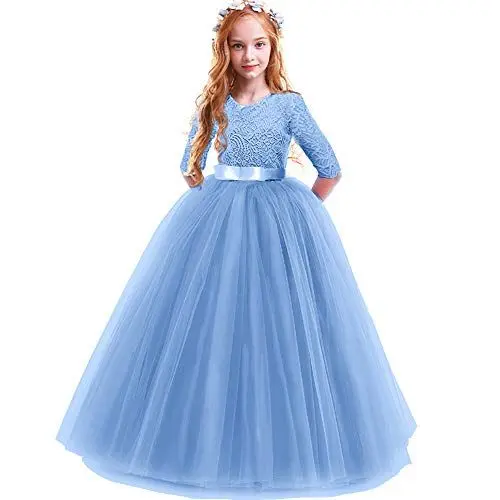 Produktbild: FYMNSI Blumenmädchen Kleid Kinder Spitzenkleid Hochzeit Brautjungfern Maxikleid Lang Abendkleid Prinzessin Partykleid Tüllkleid Festzug Kommunion A-Linie Festliches Festkleid Himmelblau 13-14 Jahre