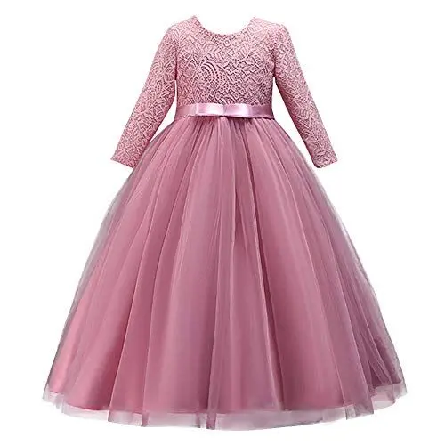 Produktbild: FYMNSI Blumenmädchen Kleider Kinder Festlich Hochzeit Brautjungfern Partykleid Prinzessin Tütü Tüllkleid Festzug 3/4 Arm Spitzenkleid Erstkommunion Abendkleid A-Linie Festkleid Dunkelrosa 13-14 Jahre