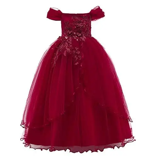 Produktbild: FYMNSI Blumenmädchen Kleider Kinder Schulterfrei Langes Abendkleid Tüllkleid Hochzeit Brautjungfern Partykleid Prinzessin Tütü Festlich Festzug Erstkommunion A-Linie Cocktailkleid Dunkelrot 5-6J