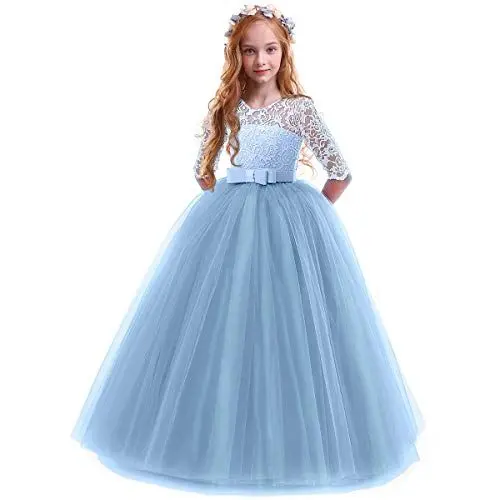 Produktbild: FYMNSI Blumenmädchen Kleider Mädchen Kinder Festlich Hochzeits Kleid Prinzessin Brautjungfern Anlässe Partykleider Festzug 3/4 Arm Spitzenkleid Tüllkleid Erstkommunion Abendkleid Blau 11-12 Jahre