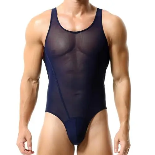 Produktbild: FYMNSI Body Herren Sexy Bodysuit Durchsichtig Stringbody �rmellos M�nnerbody Unterw�sche Muskel Shirt High Cut Wrestling Unterhemd Einteiler Sissy Dessous Nachtw�sche Reizw�sche Dunkelblau XXL