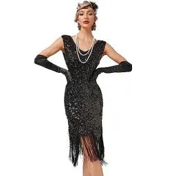 Produktbild: FYMNSI Damen 1920er Jahre V-Ausschnitt Pailletten Fransen Kleid Flapper Charleston Kleider Cocktailkleid Partykleid Gatsby Pailletten Quasten Abendkleid 20er Jahre Kost?m Abschlussballkleid Schwarz L