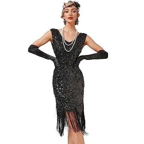 Produktbild: FYMNSI Damen 1920er Jahre V-Ausschnitt Pailletten Fransen Kleid Flapper Charleston Kleider Cocktailkleid Partykleid Gatsby Pailletten Quasten Abendkleid 20er Jahre Kost?m Abschlussballkleid Schwarz L
