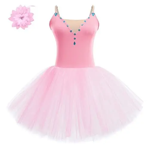 Produktbild: FYMNSI Damen Ballettkleid Schwan Ballett Kostüm Tüllkleid Tütü Tanzkleid Ärmellos Trägerkleid mit Blumen Haarklammer Erwachsene Ballettkleidung Professionelles Balletttrikot Ballettanzug Rosa S