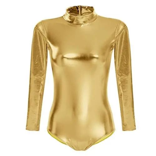 Produktbild: FYMNSI Damen Glänzende Ballettanzug Ballettbody Sport Tanz Body Gymnastikanzug Trikot Langarm Bodysuit Metallic Wetlook Einteiler Turnanzug Leotards Overall Lack Leder Oberteile Top Kostüm Gold 3XL