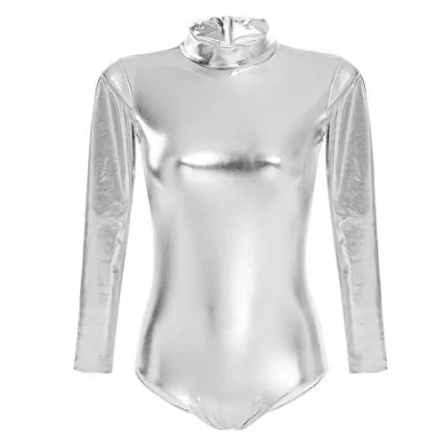 Produktbild: FYMNSI Damen Glänzende Ballettanzug Ballettbody Sport Tanz Body Gymnastikanzug Trikot Langarm Bodysuit Metallic Wetlook Einteiler Turnanzug Leotards Overall Lack Leder Oberteile Top Kostüm Silber XL