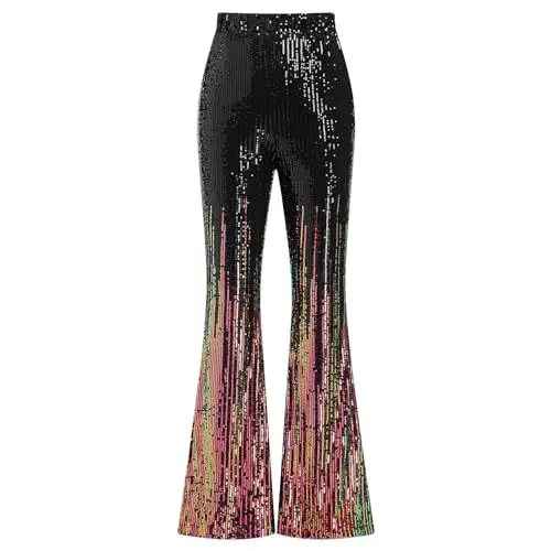 Produktbild: FYMNSI Damen Glitzer Pailletten Schlaghose High Waist Weites Bein Hose Elastische Taille Leggings Hippie 70er 80er Jahre Mottoparty Disco Rave Tanz Outfit Karneval Fasching Halloween Kost�m Bunt XL