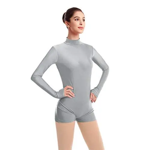 Produktbild: FYMNSI Damen Langarm Ballettanzug Ballettbody Sport Tanz Body Gymnastikanzug Trikot Bodysuit Einteiler Turnanzug Leotards Overall Stehkragen Einfarbig Elegant Bodies Ballett Langarmbody Grau S