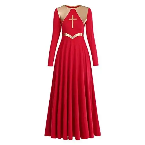 Produktbild: FYMNSI Damen Langes Partykleid Liturgisch Lob Tanzkleid Ballkleid Langarm Maxikleid Tanzkleidung Glänzend Metallic Gold Freizeitkleid Latein Walzer Tango Ballettkleid Swing Cocktailkleid Rot 3XL