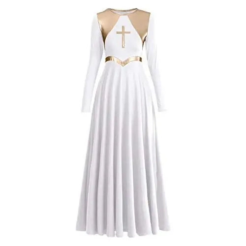 Produktbild: FYMNSI Damen Langes Partykleid Liturgisch Lob Tanzkleid Ballkleid Langarm Maxikleid Tanzkleidung Glänzend Metallic Gold Freizeitkleid Latein Walzer Tango Ballettkleid Swing Cocktailkleid Weiß 3XL