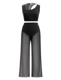 Produktbild: FYMNSI Damen Lyrische Tanzkostüme Moderne Zeitgenössischkeit Tanzbekleidung Ballett Outfit Ausschneiden Ärmellos Bauchfrei Tops mit weitem Bein Hose Set Jumpsuit für Tanz Bühne Yoga Schwarz S