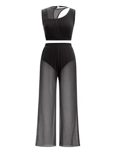 Produktbild: FYMNSI Damen Lyrische Tanzkostüme Moderne Zeitgenössischkeit Tanzbekleidung Ballett Outfit Ausschneiden Ärmellos Bauchfrei Tops mit weitem Bein Hose Set Jumpsuit für Tanz Bühne Yoga Schwarz S